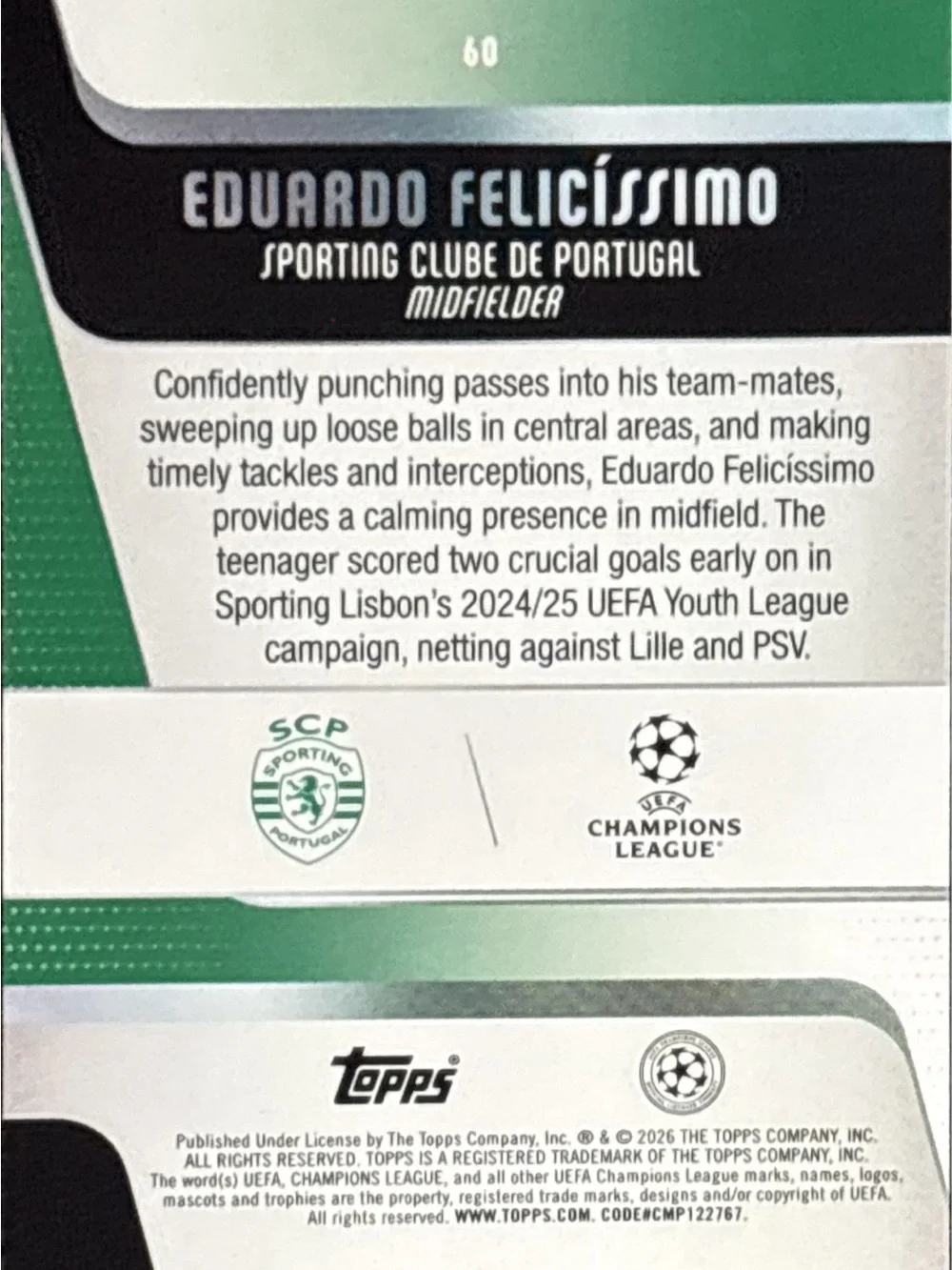 Topps Sporting CP Eduardo Felicissimo Rookie Soccer Trading Card